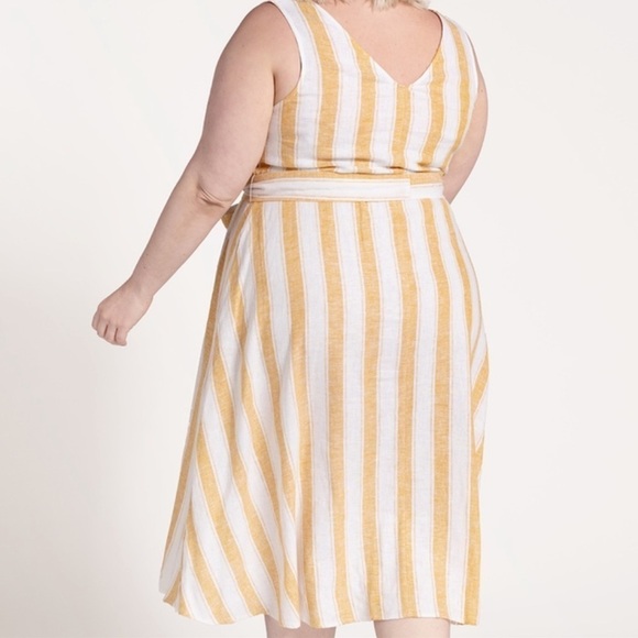NWT ELOQUII Yellow & Ivory Striped V-Neck Linen Tie Waist Midi Dress, Size 14 - Picture 4 of 7